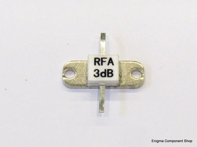 Ceramic 3dB 50W RF Attenuator from RFA Technology showcased on a heatsink, designed for UHF RF applications and efficient cooling.