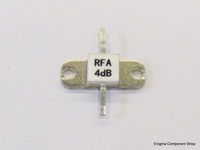 Close-up view of Ceramic 4dB 50W RF Attenuator, showcasing its non-inductive structure and compact size of 16mm x 5.5mm x 3mm, ideal for RF applications.