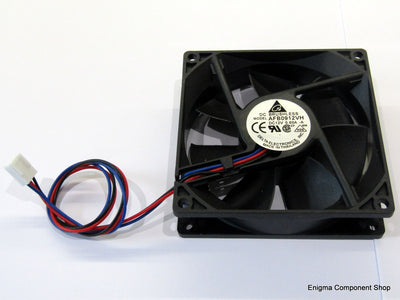 Close-up of High Speed 12V 92mm Fan (3-Wire) highlighting its 3-pin connector and dual ball bearing for longevity
