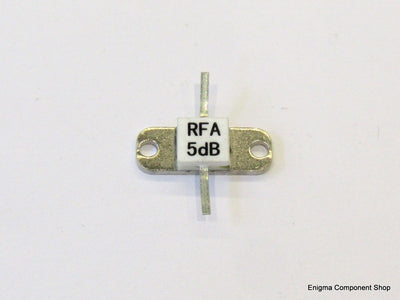 Close-up of Ceramic 5dB 50W RF Attenuator, highlighting the specifications and features ideal for reducing input to RF amplifiers.