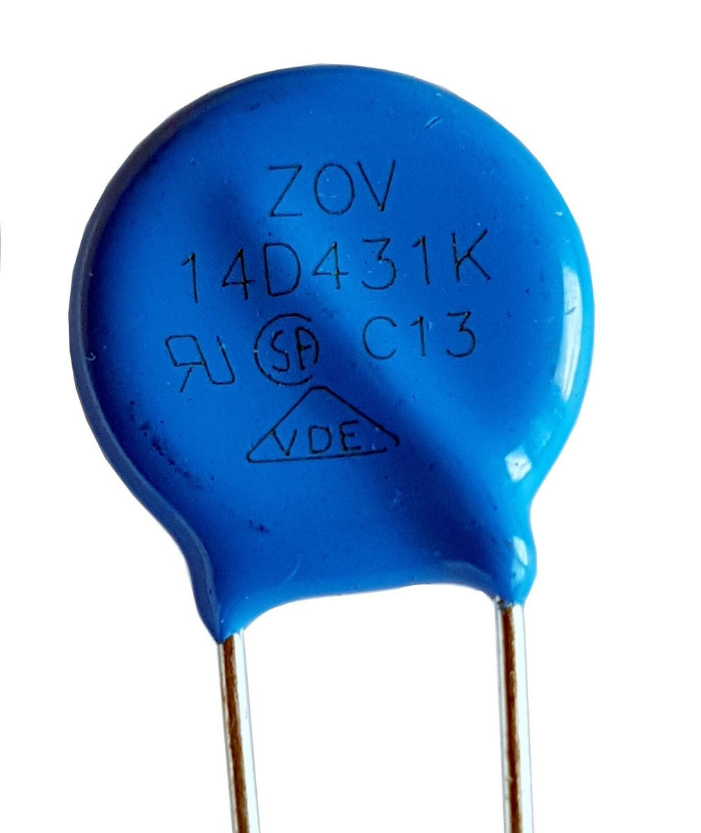 275VAC Metal Oxide Transient Suppressor (MOV) 14D431K, with 16.5mm diameter and 7.5mm lead spacing, designed for protecting mains powered devices from voltage spikes.