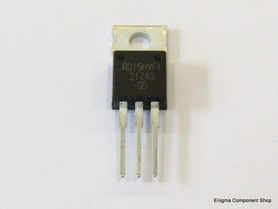 Close-up view of the Mitsubishi RD15HVF1-501 15W VHF RF Power Mosfet, highlighting its design and features.