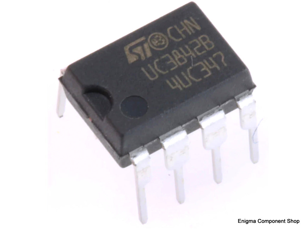 UC3842BN Current Mode SMPS Control IC by ST Microelectronics shown in an 8-pin DIL package for switched mode power supplies.