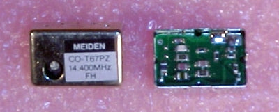 Meiden 14.4000MHz TCXO in 14 DIL package showcasing high stability and 2.5ppm frequency drift, perfect for high-performance PLL projects.