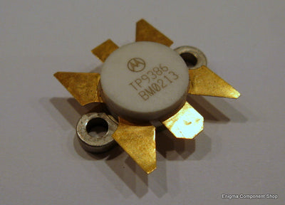 TP9386 NPN RF Power Transistor by Motorola, showing signs of mounting, rated for 150W to 175MHz at 28V, high-gain and rugged design, last piece in stock.