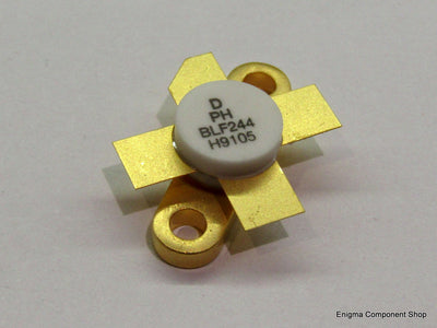 Close-up view of BLF244 15W VHF RF Power Mosfet, showcasing its components and design, suitable for 28V operation.
