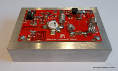 Close-up of the 60W Broadcast Amplifier Module FM60C illustrating its robust build and specifications for power amplification in FM broadcasting.