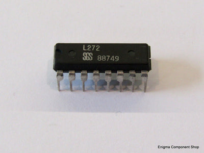 L272 Dual Power Op Amp IC displayed in a leaded 16 pin DIL package, showcasing its high output current driving capability of up to 1A.